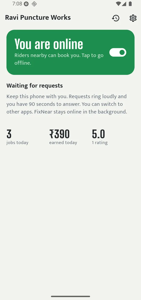 Mechanic home screen: You are online, with jobs and earnings for today