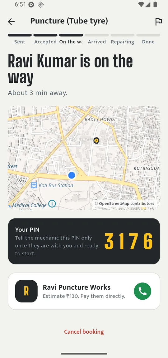 Live tracking screen: Ravi Kumar is on the way, about 3 minutes away, with a PIN to share